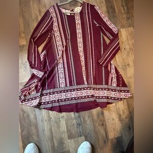 Derek Heart Burgundy Patterned Bohemian Tunic Size Large